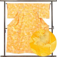 小紋 身丈162cm 裄64cm 前幅23cm 後幅29cm 袖丈46cm 袖幅33cm レディース 袷 花柄 裄Mサイズ 秋冬春用 正絹（シルク）オレンジ 美品 リメイク リユース リサイクル【呉服のきくや】