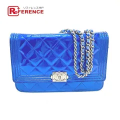 CHANEL シャネル ショルダーバッグ ボーイシャネル CC ココマーク パテントレザー ガンメタブルー