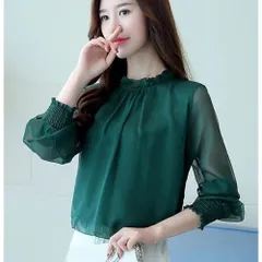 ☆ グリーン ☆ XL ☆ シフォンブラウス トップス レディース シフォンブラウス 長袖 ブラウス シャツ フリルブラウス 立ち襟 カットソー トップス きれいめ おしゃれ シアー 透け感 ハイネック ふんわり シンプル 無地 フォーマル 通勤 通学