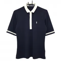 【超美品】ポロゴルフ ラルフローレン 五分袖ポロシャツ ネイビー×白 ポニー刺しゅう 袖ライン レディース M ゴルフウェア Ralph Lauren