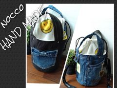 №691【DENIM✖️ニコちゃん☺️巾着丸底ToteBAG♥】デニムリメイクトートバッグ