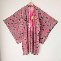 Japanese Vintage Haori Long Red Plum pattern Silk Kimono Jacket Old-ⅽloth 長羽織 羽織 正絹 赤系小紋 捻り梅 古布 時代布 一点物 大正浪漫 和洋折衷