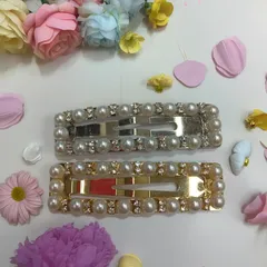 ●パール＋石付き スリーピン2個セット (ゴールド＋シルバー) 四角 ヘアピンパッチン留め 四角 シンプル かわいい おしゃれ ヘアアレンジ  ヘアアクセサリー シルバー (メッキ)ゴールド(メッキ)