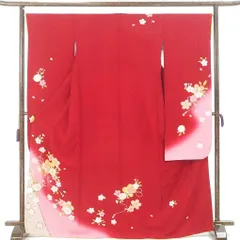 振袖 身丈170cm 裄67cm 前幅25cm 後幅30cm 袖丈109cm 袖幅34cm レディース 袷 桜 裄長 裄Lサイズ 秋冬春用 正絹（シルク）レッド トールサイズ 美品 リメイク リユース リサイクル【呉服のきくや】