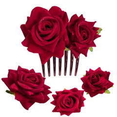 Golspia 髪飾り 薔薇 赤 花 クリップ ヘアピン 結婚式 お呼ばれ ショート ヘッドドレス 