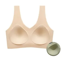在庫処分中 【ベージュ】シームレスブラジャー 昼夜兼用 ナイトブラ ノンワイヤー 締め付け感がない スポーツブラ 揺れない ホールド パッド