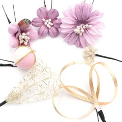 髪飾り 成人式 振袖 袴 花 7点セット 紫 ピンク 白 ゴールド 花 組紐 ちりめん 玉飾り レース 菱 和柄 Ｕピン Iピン かわいい No.12-0370