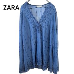 ZARA ザラ　メッシュ　トップス　花柄　刺繍　ブルー　ネイビー ブラウス 長袖 カットソー　パワーネット　シアー　チュール
