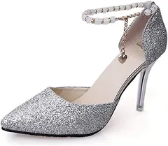 COUGA おしゃれ ベルト付き パンプス ヒール 8.5cm 結婚式 パーティ レディース(シルバー,  23.0 cm)