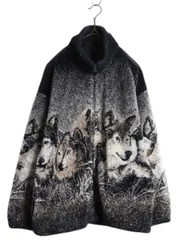 【お得なクーポン配布中!】 90s USA製 オオカミ アート イラスト パイル フリース ジャケット メンズ M 程 オールド 総柄 毛長 毛足 ボア ブルゾン Cobblestone Canyon