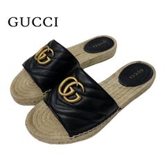 グッチ GUCCI ダブルG サンダル 靴 シューズ レザー ブラック 黒 ゴールド フラットサンダル ミュール GGマーモント