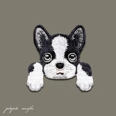 アイロン  ワッペン  ボストンテリア 刺繍   丸バッジ アップリケ スムースコート 犬 子犬 動物 バッジ 雑貨 ブローチ 小物