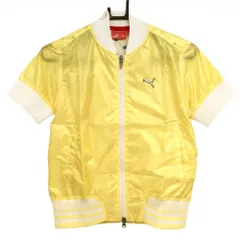 【美品】プーマ 半袖ジャケットブルゾン イエロー×白 ネックラインストーン ロゴ刺しゅう レディース M ゴルフウェア PUMA