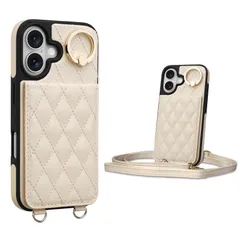 【迅速発送】Shlybaay iPhone 16 対応 ケース 背面 手帳型 カードケース iPhone16 用 ショルダー ストラップ 背面ケース 手帳型ケース キルティングアイホン 16 用 スタンド 肩掛け カード収納 斜め掛け 首掛け PUレザー マグ