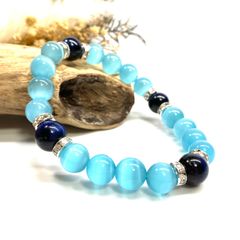 キャッツアイ(ライトブルー)×ブルータイガーアイ パワーストーン ブレスレット  (シルバー) メンズ・レディース　男性・女性　数珠ブレス 開運 [23]
