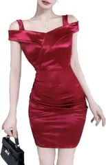 ISLAYCAOLILA キャバドレス ミニドレス クラブドレス パーティードレス ワンピース タイト メタリック キャミソール ハイウエスト ボディコン レディース EH5(ワインレッド,  L)