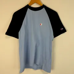 Champion チャンピオン Tシャツ ラグラン 五分袖 クルーネック ワンポイントロゴ ロゴワッペン バイカラー ライトブルー ネイビー Mサイズ レディース 古着 ストリート アメカジ