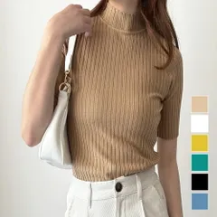 半袖リブニットソー レディース 韓国 オフィス 無地 シンプル カジュアル 着回し トレンド トップス 上品 春夏秋 おしゃれ 大人 人気 定番
