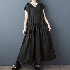 モード系  ブラック ラウンドネック 個性的なデザイン 夏 新型 フレンチスリーブ Aライン ロングドレス