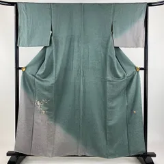 付下げ 身丈157cm 裄丈65cm M 袷 落款 草花 刺繍 染分け 灰緑 正絹 秀品 【中古】