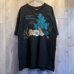 80s ヴィンテージ Hanes Tシャツ シングルステッチ 貝殻 ラメ キラキラ ビッグプリント ブラック【メンズXL】
