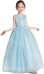 nightbaby ドレス 子供 ピアノ 発表会 女の子 フォーマル 刺繍 かわいいロングドレス キッズ 演奏会 結婚式 パーディー コンクール プレゼント 七五三 お誕生日 記念写真 子供服(ブルー,  150 Regular)