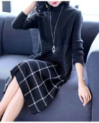 ニットワンピース ワンピース セーター ニットスカート 膝丈 ひざ丈 ミディアム丈 長袖 ハイネック セミフレア ストレート 切り替えデザイン リブニット ニット きれいめ 大人 上品 おしゃれ お洒落 大人女子 こなれ感 エレガント 主役級 柄 チェック柄 