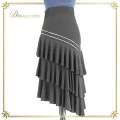 社交ダンス 衣装 スタンダード スカート レッスンウェア レディース オールシーズン 黒 無地 ラインストーン ブラック系 シンプル アシメ アシンメトリー バリエーション オシャレ フェミニン 伸縮性 ダンスウェア カジュアル 体型カバー フレア スカート