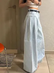 デニムパンツ 春 ハイウエスト ワイドレッグ ストレート 女性 おしゃれ デザイン 洗い加工 スリムフィット L M250228-181-2