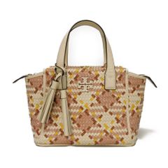 Tory Burch トリーバーチ テア ウーブン マルチ ミニ スローチー サッチェル 編み込み パテント カーフ アイボリー タッセルチャーム  2WAY ショルダーバッグ ダブルT ロゴ ピンクムーン ハンドバッグ 82391 658