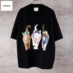新品 CORISCO コリスコ 猫 プリント Tシャツ 半袖 メンズ レディース ユニセックス かわいい アニマル プリント カットソー 子猫 cat 3匹 バックプリント Tシャツ tee M L LL ブラック 黒  181927