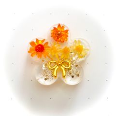 本物のお花 ドライフラワー リボン ヘアゴム ブーケ花束 黄色 オレンジ レジン