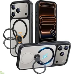 NIMASO iPhone 17 Pro ケース【米軍MIL規格 MagSafeアクセサリー対応 360°回転スタンド カメラコントロールカバー 横縦両立 指紋防止】 落下防止 耐衝撃 いphone17pro 用 半透明 ワイヤレス充電対応 ストラッ