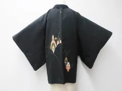 【一輝堂】【着物】黒羽織　縫い紋　絵羽柄　金彩　孔雀文　羽織り紐付き　身丈約79.5cm　裄丈約62.5cm　25z03-1228