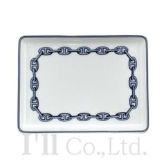 【新品同様】HERMES　エルメス　シェーヌダンクル　スクエアプレート　002789P　陶器　ホワイト　ブルー　インテリア食器　テーブルウェア　ブランド食器　長方形　プレイト　トレイ　トレー　角皿【中古】【76785】