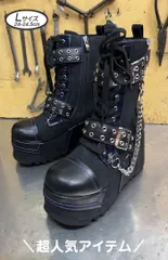 ☆新品未使用・美品☆ Lサイズ 24cm-24.5cm ヨースケ YOSUKE 厚底ブーツ レースアップブーツ レディース ブラックコンビ 編み上げブーツ チェーン スタッズ 約10cmソール MY689-446