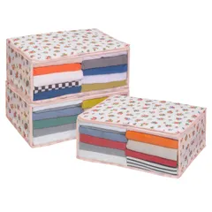 【迅速発送】アストロ 収納ケース 衣類用 ホワイト プチローズ柄 3個組 不織布 収納袋 衣装ケース 収納ボックス 中身が見える 折りたたみ 小花柄 透明窓付き 183-36 約幅48×奥行35×高さ20cm