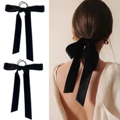 Forahome ベロアリボン ヘアゴム 2個入り おしゃれ ヘアアクセサリー ベルベット 髪飾り リボン 蝶々結び ヘアゴム 可愛い リボン パーティー 誕生日 発表会用 (ブラック-２個入り)