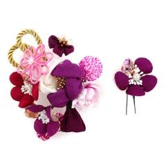 髪飾り 成人式 つまみ細工 赤 振袖 前撮り 袴 花 ちりめん 2点セット 紫 ピンク 白 ゴールド 黄色 鹿の子絞り 組紐 下がり 玉 No.12-0391