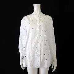 シャツ ブラウス チュニック シアー シフォン 総柄 バンドカラー ボリューム袖 7分袖 L オフ白 マルチカラー 美品