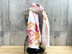 C-12073 LOEWE ロエベ シルクストール スカーフ アナグラム ロゴ リバーシブル 白 ピンク オレンジ 長方形