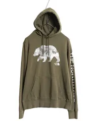 【お得なクーポン配布中!】 ノースフェイス プリント スウェット フード パーカー メンズ S 古着 裏起毛 プルオーバー トレーナー ベア イラスト グラフィック カーキ