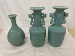 中国古玩 中国美術 双耳花瓶×2 青磁 花瓶×1 3点セット 花入 箱なし