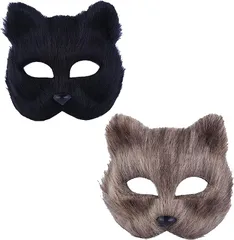 Saki&Masa 仮面舞踏会マスク ハロウィーンマスク 動物マスク 男性と女性ハーフフェイス 小道具 猫マスク 2枚セット 6タイプ(グレー.ブラック)