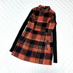 秋冬物　チェック長袖ワンピース　赤　レッド　レトロ　昭和　古着