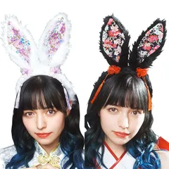 クリアストーン Clearstone コスプレ 和柄小物 和柄カチューシャ 白うさぎ/黒うさぎ ユニセックス ホワイト/ブラック[japanesepattern-headband-rabbit]