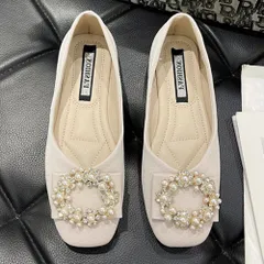 ☆ アイボリー ☆ 37(23.5cm) ☆ パンプス ローヒール キラキラ パンプス フラットシューズ ビジューパンプス ローヒール シューズ ぺたんこ 靴 レディース スクエアトゥ 上品 おしゃれ かわいい 柔らかい キラキラ 歩きやすい フラット 華やか