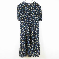 #s レリアン Leilian ワンピース 9 紺系 マルチ 花柄 半袖 お花ボタン コットン 日本製 960204 k01