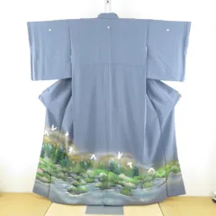 色留袖 風景に飛び鶴文様 グレーブルーx多色 正絹 袷  三つ紋 五三桐紋 広衿 フォーマル 仕立て上がり 身丈157cm