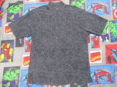 ALFANI 総柄 シルク 半袖シャツ M 黒 モノトーン USA古着 ボタニカル柄